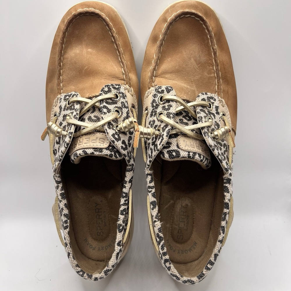 Sperry Womens Top Sider Cheetah Print Tan Leather Flat Boat Shoes Size 9.5 M